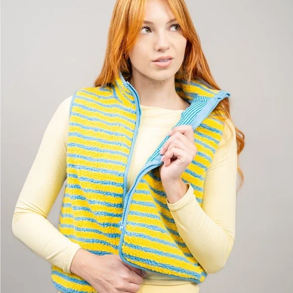Striped Yellow and Blue Fleece Vest - Picture 2 of 10